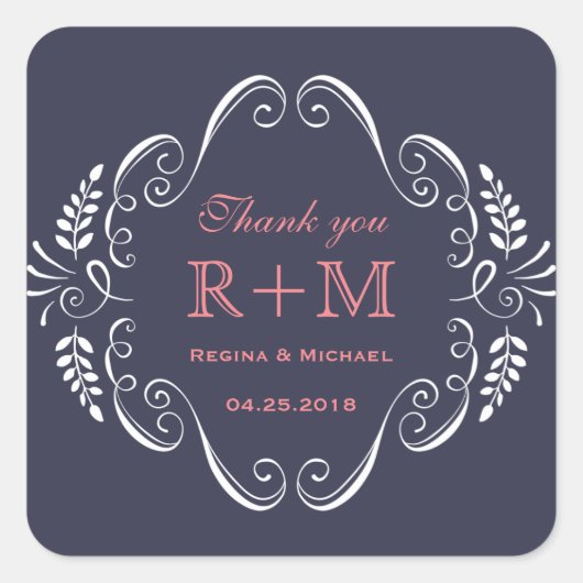 ネイビーブルーフローラスワールカール結婚式の引き出物シール スクエアシール (正面)