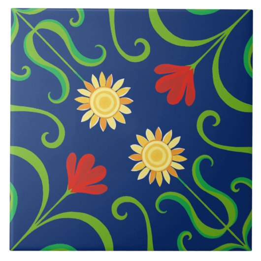 ネイビーブルーフローラダマスクサンフラワーシームレスフォーク タイル (正面)