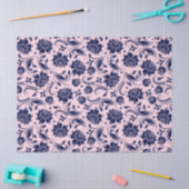 ネイビーブルーフローラダンスクピンク背景 薄葉紙 (クラフト)