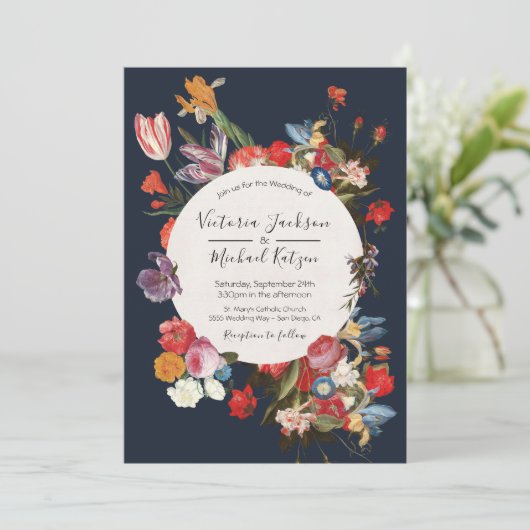 ネイビーブルーフローラダーク&ムーディ結婚式招待状 招待状 (スタンド正面)