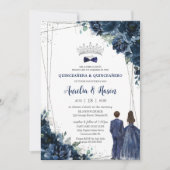 ネイビーブルーフローラツインズボーイガールシルバーキンセニーラ 招待状 (正面)
