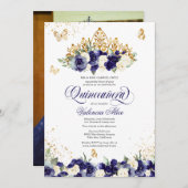 ネイビーブルーフローラティアラ蝶フォトキンセアニェラ 招待状 (正面/裏面)