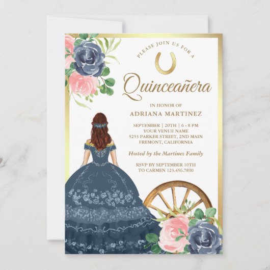 ネイビーブルーフローラドレスチャロ金ゴールドキンセアニェラ 招待状 (正面)