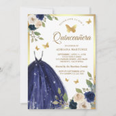 ネイビーブルーフローラドレスバタフライ金ゴールドキンセアニェラ 招待状 (正面)