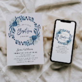 ネイビーブルーフローラバプテスマの招待 招待状