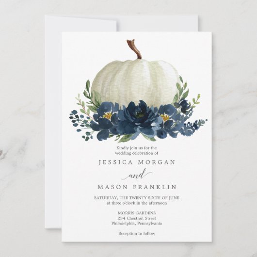ネイビーブルーフローラパンプキン結婚式招待状 招待状 (正面)