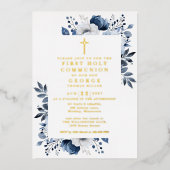 ネイビーブルーフローラファーストホーリーコミュニオン金ゴールド 箔招待状 (正面)