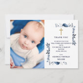 ネイビーブルーフローラフォトバプテスマ《キリスト教》洗礼式や命名式 サンキューカード (正面)