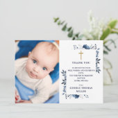 ネイビーブルーフローラフォトバプテスマ《キリスト教》洗礼式や命名式 サンキューカード (スタンド正面)