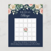 ネイビーブルーフローラブライダルシャワービンゴゲームカード (正面)
