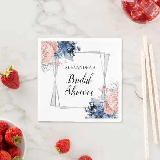 ネイビーブルーフローラブライダルシャワーピンクジオメトリック スタンダードカクテルナプキン (インサイチュ)