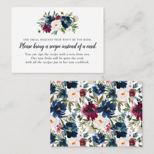 ネイビーブルーフローラブライダルシャワーレシピカード要求 エンクロージャーカード (正面/裏面)