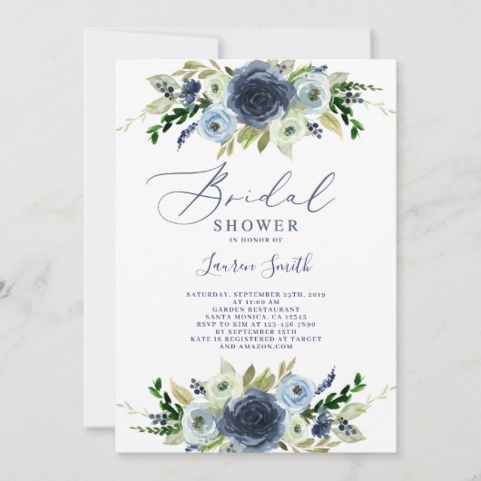 ネイビーブルーフローラブライダルシャワー 招待状 (正面)