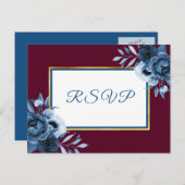 ネイビーブルーフローラブルゴーニュ白結婚RSVP インビテーションポストカード (正面/裏面)