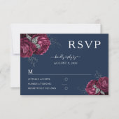 ネイビーブルーフローラブルゴーニースエレガントな結婚式 出欠カード (正面)