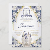 ネイビーブルーフローラプリンセスキャッスル王室のカンス 招待状 (正面)