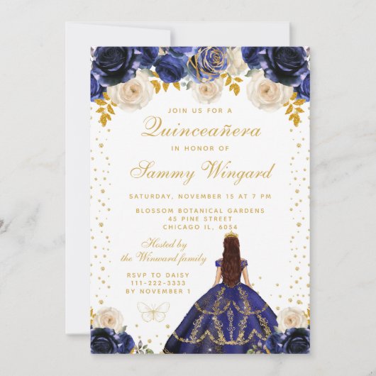 ネイビーブルーフローラプリンセスキンセアニラ 招待状 (正面)