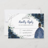 ネイビーブルーフローラプリンセスシルバーキンセニェラ返信 出欠カード (正面)