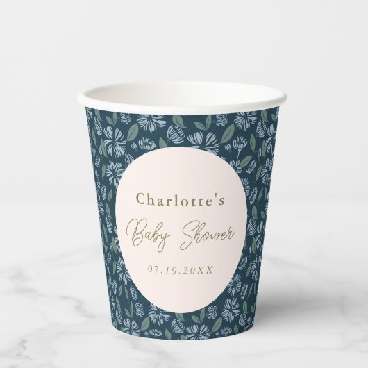 ネイビーブルーフローラベビーシャワーカスタム 紙コップ (正面)