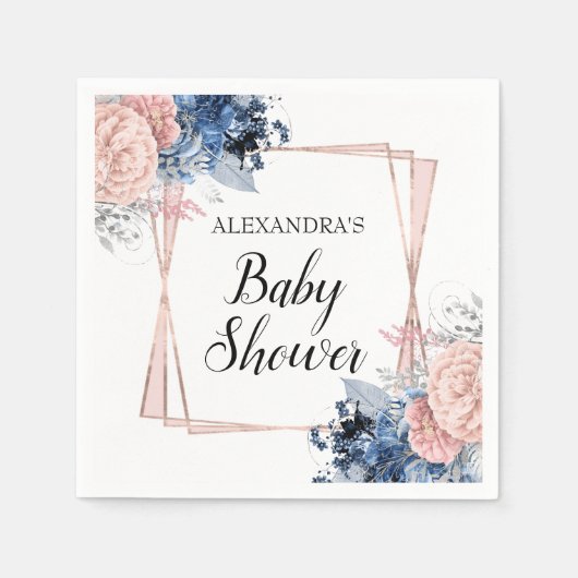 ネイビーブルーフローラベビーシャワーピンク幾何学的 スタンダードカクテルナプキン (正面)
