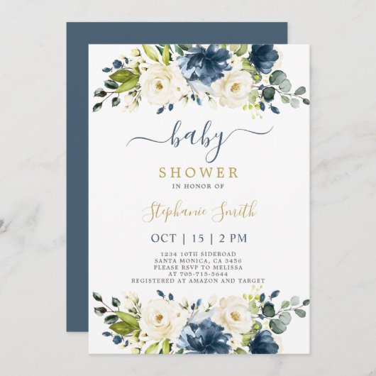 ネイビーブルーフローラベビーシャワーボーイ招待状 招待状 (正面/裏面)