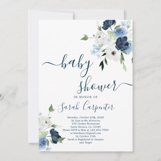 ネイビーブルーフローラベビーシャワーボーイ招待状 招待状 (正面)