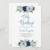 ネイビーブルーフローラベビーシャワー少年 招待状 (正面/裏面)