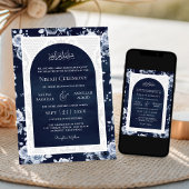 ネイビーブルーフローラホワイトレースムスリム結婚ズ 招待状