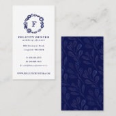 ネイビーブルーフローラボタニカルモノグラムリース 名刺 (正面/裏面)