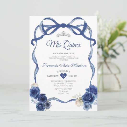 ネイビーブルーフローラボーフレームシルバークラウンミンス 招待状 (スタンド正面)