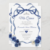 ネイビーブルーフローラボーフレームシルバークラウンミンス 招待状 (正面/裏面)