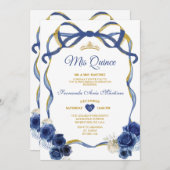 ネイビーブルーフローラボーフレーム金ゴールドクラウンミカンス 招待状 (正面/裏面)