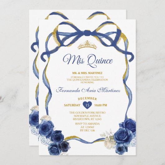ネイビーブルーフローラボーフレーム金ゴールドクラウンミカンス 招待状 (正面/裏面)