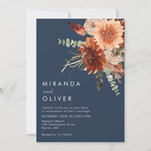 ネイビーブルーフローラボー結婚ホズ 招待状 (正面)