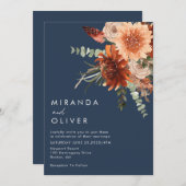 ネイビーブルーフローラボー結婚ホズ 招待状 (正面/裏面)