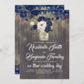 ネイビーブルーフローラメイソン素朴ジャー結婚ズ 招待状 (正面/裏面)