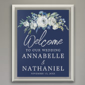 ネイビーブルーフローラモダンウィンターウェディングウェルカム ポスター