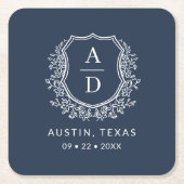 ネイビーブルーフローラモノグラム結婚ズのクレストモダン スクエアペーパーコースター (正面)