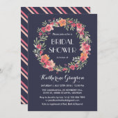 ネイビーブルーフローラリースブライダルシャワー招待 招待状 (正面/裏面)