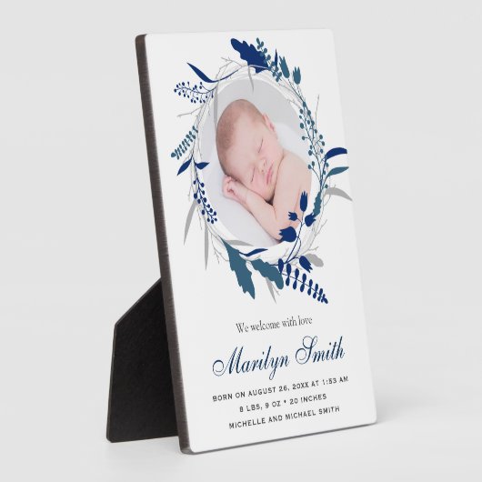 ネイビーブルーフローラリース写真誕生のお知らせ フォトプラーク (側面)