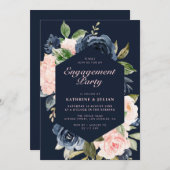 ネイビーブルーフローラリース婚約パーティ 招待状 (正面/裏面)