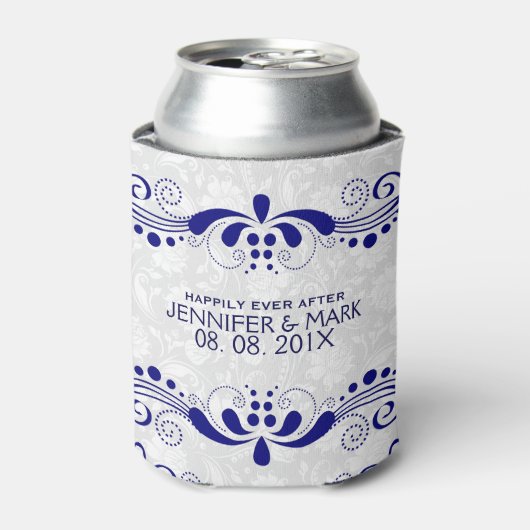 ネイビーブルーフローラレースホワイトダマスク背景 缶クーラー (缶正面)