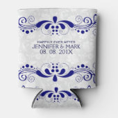 ネイビーブルーフローラレースホワイトダマスク背景 缶クーラー (正面)