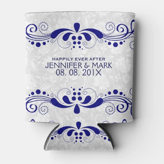 ネイビーブルーフローラレースホワイトダマスク背景 缶クーラー (正面)