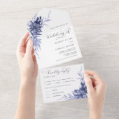 ネイビーブルーフローラロマンチック書道結婚式RSVP オールインワン招待状 (貼ってはがせる)