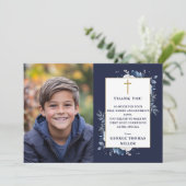 ネイビーブルーフローラ写真第1聖餐式 サンキューカード (スタンド正面)