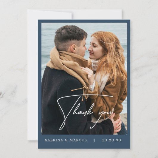 ネイビーブルーフローラ写真結婚のサンキューカード サンキューカード (正面)