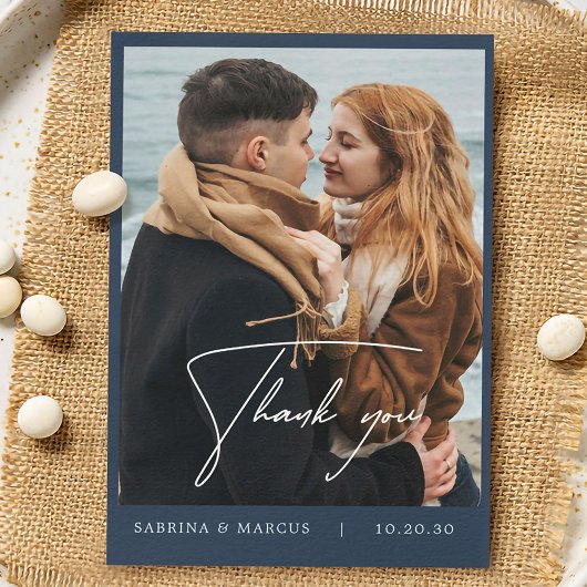 ネイビーブルーフローラ写真結婚のサンキューカード サンキューカード