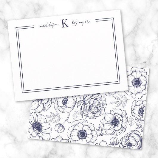 ネイビーブルーフローラ名モノグラム ノートカード
