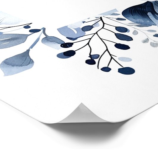 ネイビーブルーフローラ婚約パーティウェルカムサイン ポスター (角)